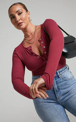 Tatem Bodysuit - Long Sleeve Button Front Bodysuit in Wine