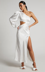 Arichie Midi Dress - Cut Out One Shoulder Balloon Sleeve Dress in White