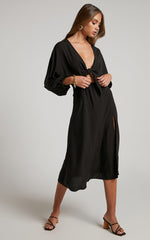 Tyricia Midi Dress - Long Sleeve Tie Front Cut Out Dress in Black