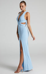 Anjie Midi Dress - Plunge Neck Cross Back Cut Out Dress in Cornflower Blue