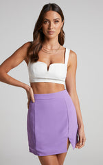 Evelenna Mini Skirt - High Waisted Split Skirt in Purple