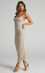 Roma Midi Dress - Ruched Cowl Neck Dress in Gold Lurex