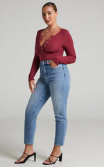 Tatem Bodysuit - Long Sleeve Button Front Bodysuit in Wine
