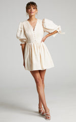Zandra Mini Dress - Puff Sleeve Poplin Dress in Beige