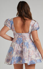 Brailey Jacquard Mini Dress - Puff Sleeve Dress in Blue