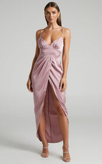 Azrael Midi Dress - V Neck Satin Tulip Dress in Blush