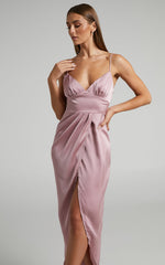 Azrael Midi Dress - V Neck Satin Tulip Dress in Blush