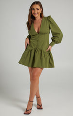 Carlyle Mini Dress - Long Sleeve Corset Dress in Khaki