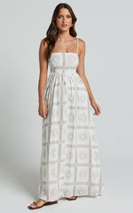 Abbey Maxi Linen Blend Dress - Strappy Straight Neck A Line Dress in White & Brown Sun Print