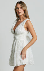 Abigal Mini Dress -Plunge Tie Back Sequin Embroidery Dress in Ivory