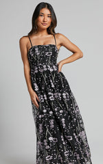 Adeje Maxi Dress -Aline Embroidered Tulle Dress in Black and Purple Floral