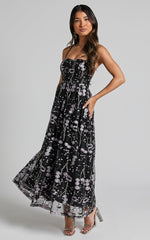 Adeje Maxi Dress -Aline Embroidered Tulle Dress in Black and Purple Floral