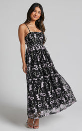 Adeje Maxi Dress -Aline Embroidered Tulle Dress in Black and Purple Floral