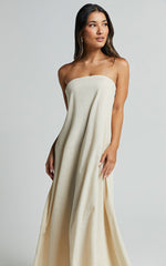 Adessa Maxi Linen Blend Dress - Strapless A Line Dress in Beige