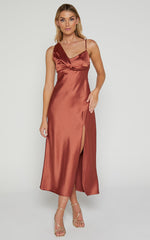 Adessa Midi Dress - Drape Detail Split Hem Dress in Copper