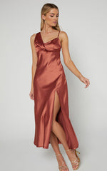 Adessa Midi Dress - Drape Detail Split Hem Dress in Copper