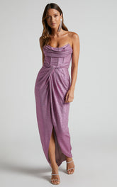 Adrie Midi Dress - Strapless Corset Bodice Dress in Pink