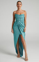 Adrie Midi Dress - Strapless Corset Bodice Dress in Turquoise