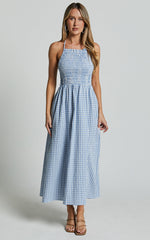 Aimie Midi Dress - Strappy Halter Neck Shirred Top in Blue Gingham Check