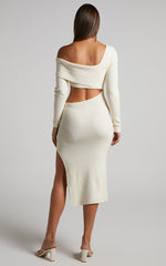 Alabama Midi Dress - Off One Shoulder Asymmetric Long Sleeve Knit Dress in Beige