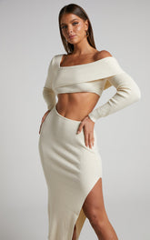 Alabama Midi Dress - Off One Shoulder Asymmetric Long Sleeve Knit Dress in Beige