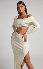 Alabama Midi Dress - Off One Shoulder Asymmetric Long Sleeve Knit Dress in Beige