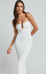 Alberta Midi Dress- Strapless bust detail textured dress in White