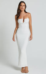 Alberta Midi Dress- Strapless bust detail textured dress in White