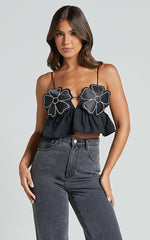 Alberta Top - Rhinestone Flower Detail Babydoll Crop in Black