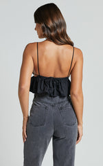 Alberta Top - Rhinestone Flower Detail Babydoll Crop in Black