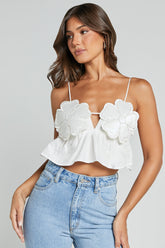 Alberta Top - Rhinestone Flower Detail Babydoll Crop in White