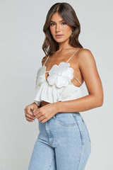 Alberta Top - Rhinestone Flower Detail Babydoll Crop in White