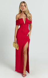 Alessia Maxi Dress - Off Shoulder Ruched Bodycon Dress in Red