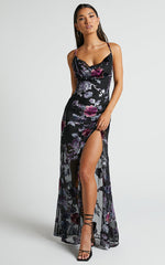 Aletta Maxi Dress - Cowl Cross Back Dress in Purple Haze Burnt Out Floral