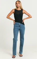 Alexis Top - Boat Neck Ruched Asymmetric Mesh Top in Black