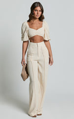 Aleydise Two Piece Set - Linen Puff Sleeve Gathered Crop Top and Pants Set in Natural
