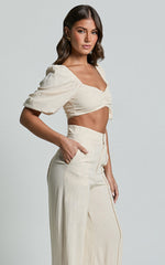Aleydise Two Piece Set - Linen Puff Sleeve Gathered Crop Top and Pants Set in Natural