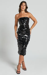 Aliona Midi Dress - Strapless Bodycon Sequin Dress in Black