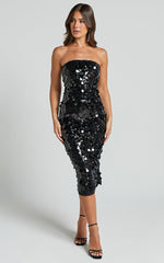 Aliona Midi Dress - Strapless Bodycon Sequin Dress in Black