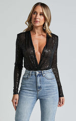 Alora Bodysuit - Sequin Wrap Front Long Sleeve Bodysuit in Black Sequin