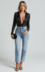Alora Bodysuit - Sequin Wrap Front Long Sleeve Bodysuit in Black Sequin