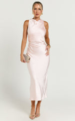 Aluna Midi Dress - High Neck Cross Back Satin Slip Dress in Soft Pink