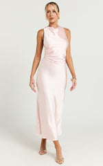 Aluna Midi Dress - High Neck Cross Back Satin Slip Dress in Soft Pink