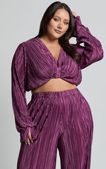 Aluna Two Piece Set - Plisse Twist Front Crop Top and Wide Leg Pants Set in Aubergine