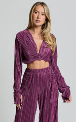 Aluna Two Piece Set - Plisse Twist Front Crop Top and Wide Leg Pants Set in Aubergine