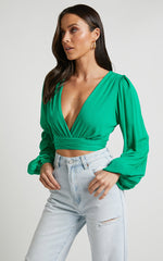 Amaina Top - Plunge Long Sleeve Wrap Top in Green