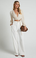 Amaina Top - Plunge Long Sleeve Wrap Top in Sand