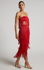 Amalee Two Piece Set - Fringe Strapless Crop Top and Midi Skirt Set in Red