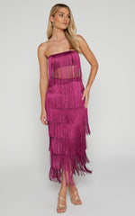 Amalee Two Piece Set - Fringe Strapless Crop Top and Midi Skirt Set in Mulberry