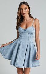 Amalie The Label - Caraline Recycled Cotton A Line Mini Dress in Light Blue Wash